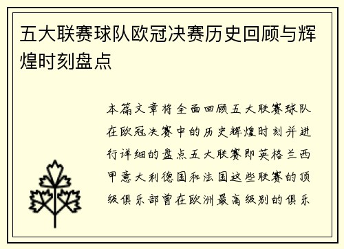 五大联赛球队欧冠决赛历史回顾与辉煌时刻盘点